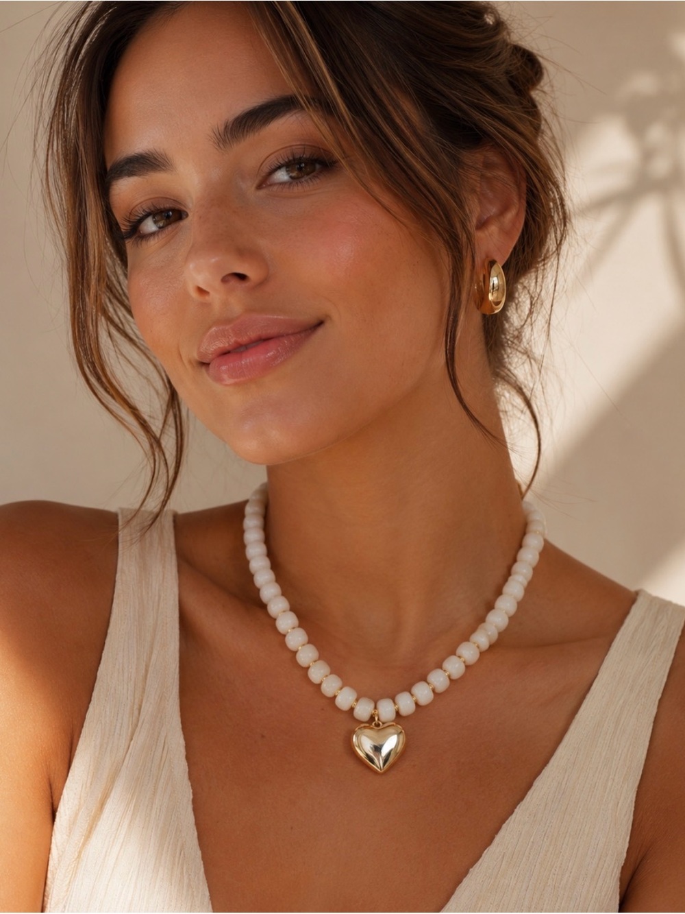White Beaded Necklace with Gold Heart Pendant - Women Jewelry